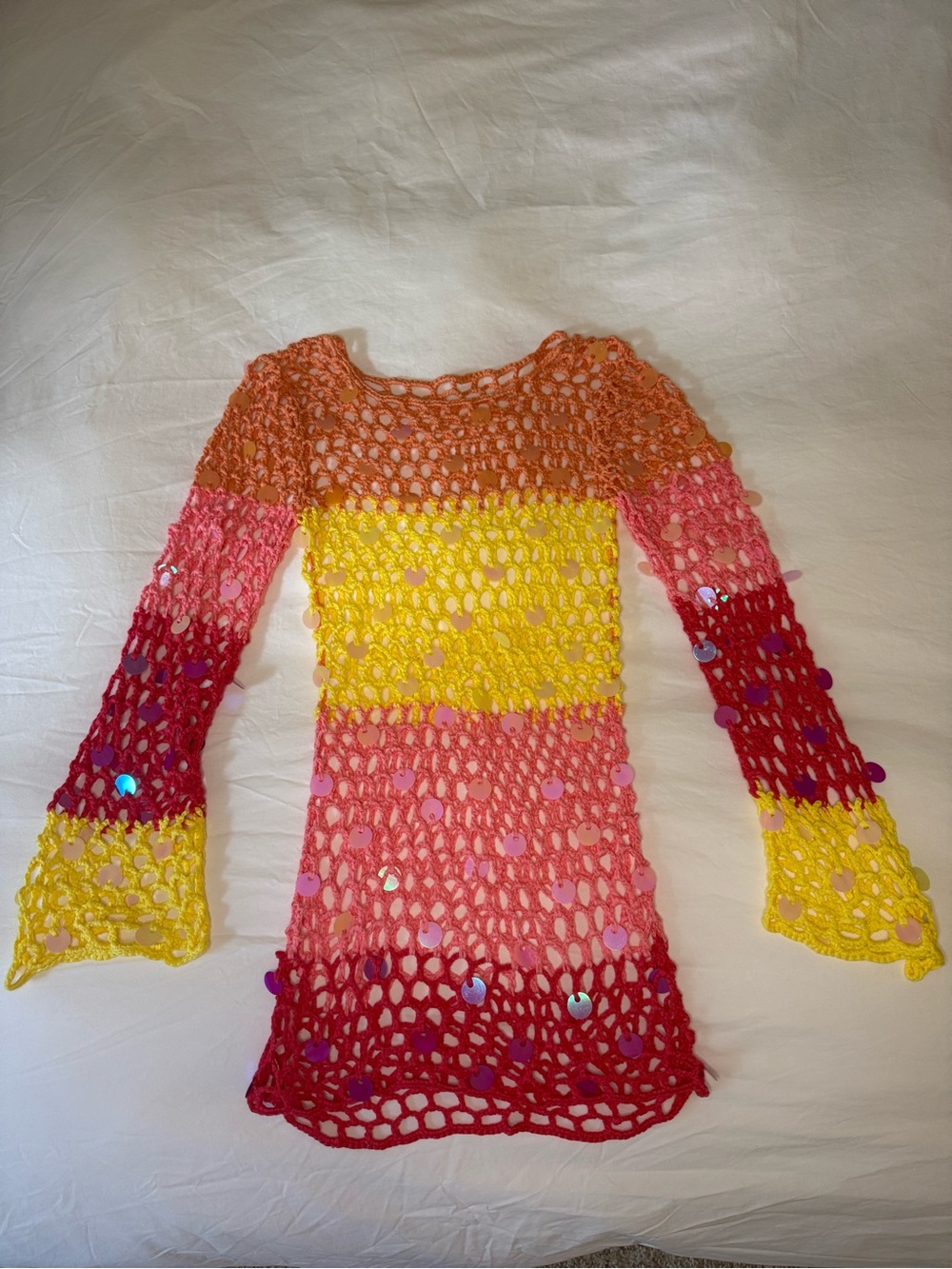 Fashion Nova Something New Crochet Sequin Long Sleeve Cover Up Pink Combo M